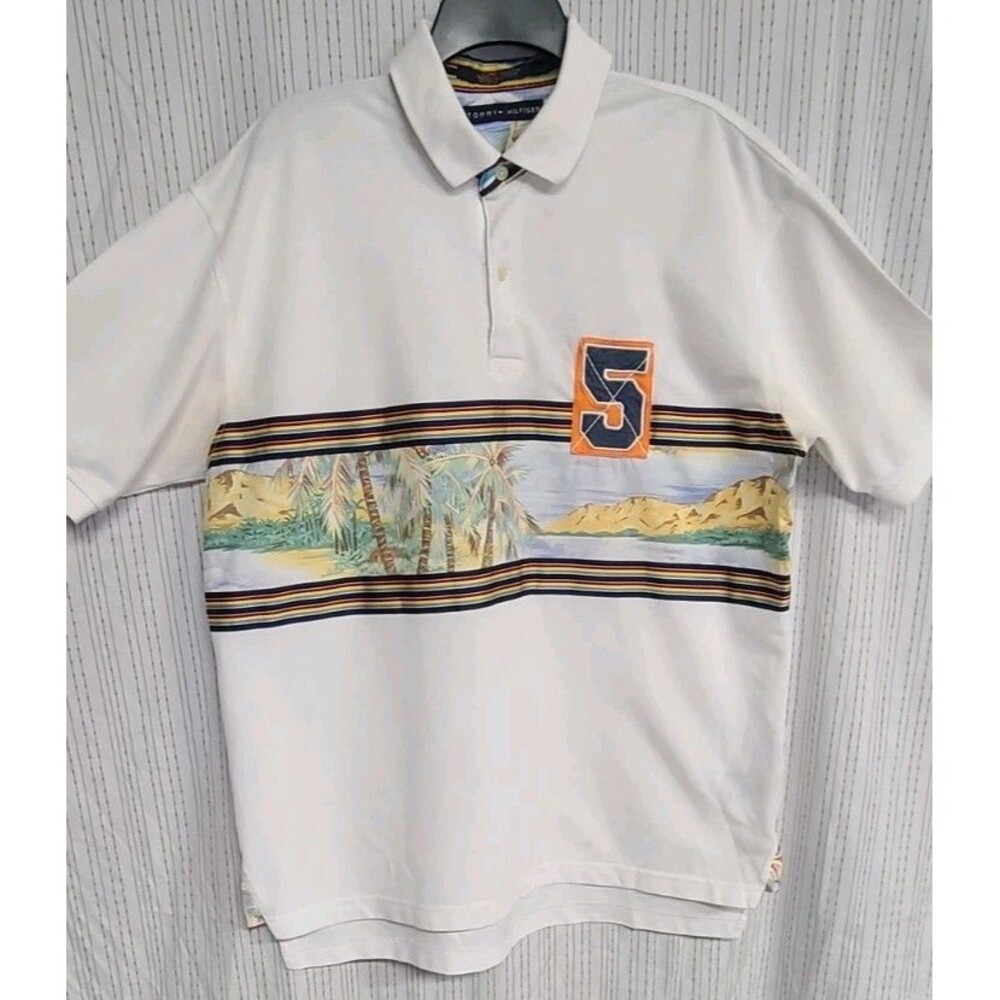Tommy Hilfiger Shirt Men's 2XL White Polo 5 Beach Tropical Rugby Plam Trees